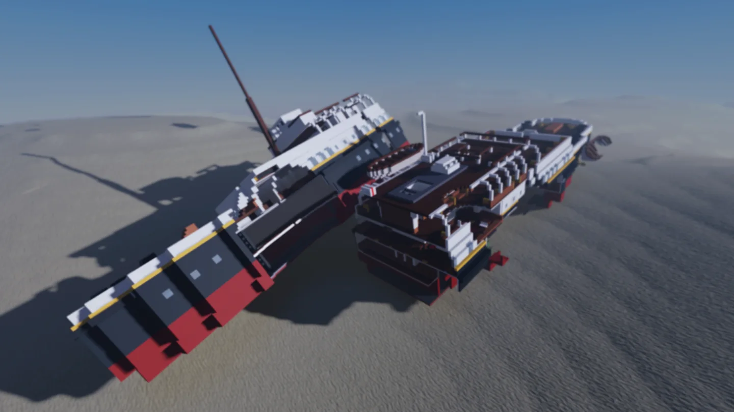 A large ship broken into sections on the seabed
