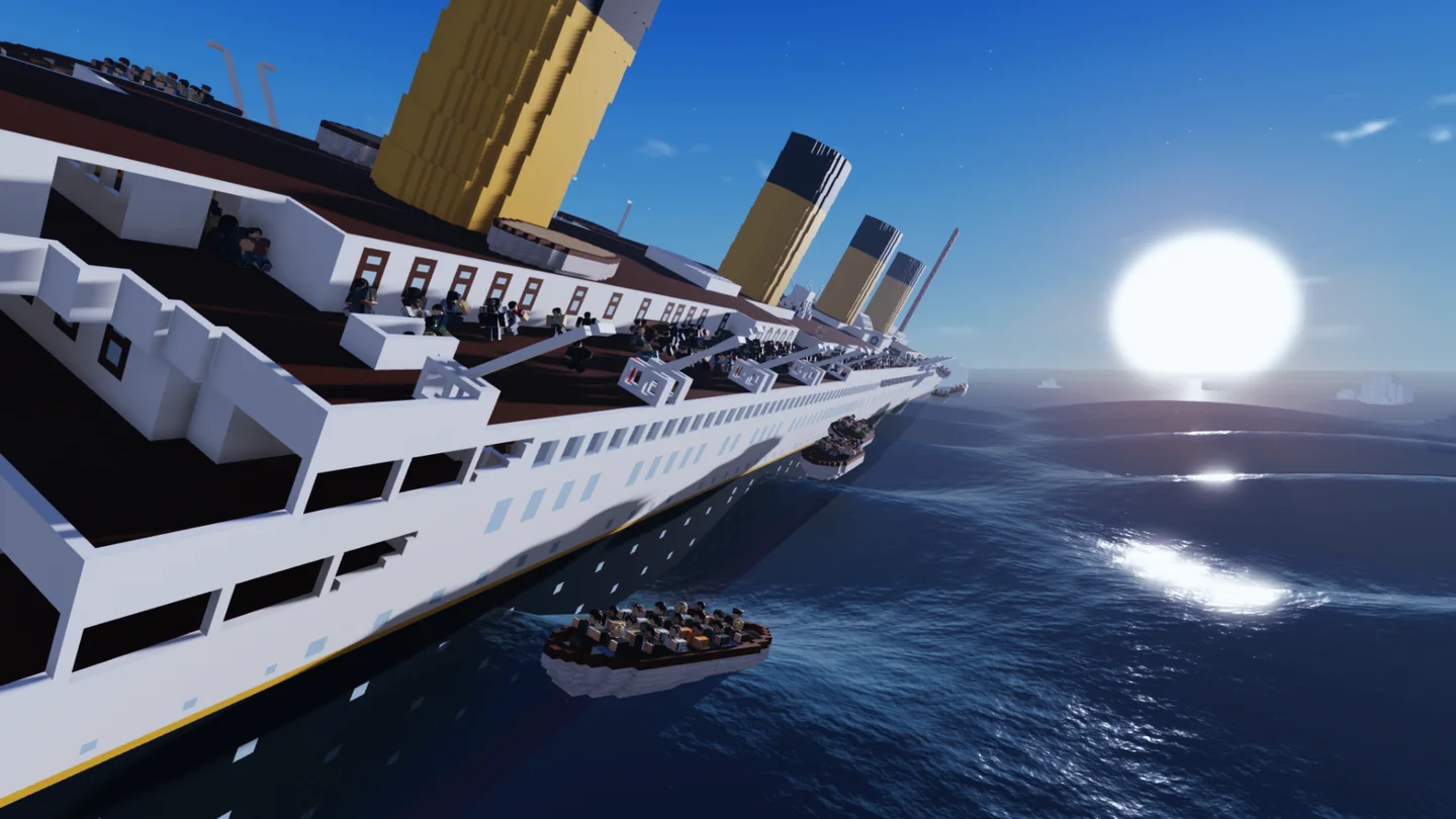 Passengers boarding lifeboats from a listing ocean liner