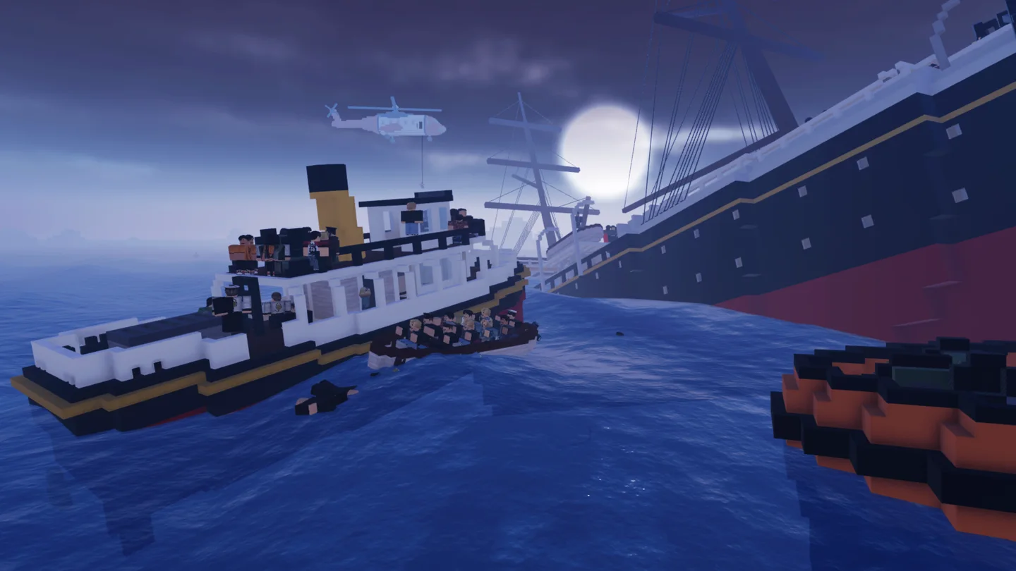 Lifeboats and a rescue ship beside a large ocean liner at night